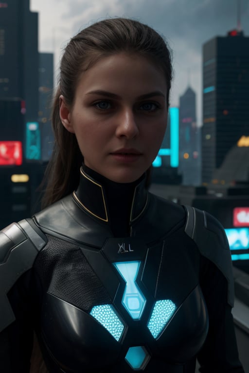 Fully realistic face and body of 4lex4ndr4, realistic eyes, dressed in futuristic attire, with tech accessories, in a futuristic cityscapec cinematic style, extremely clear lighting, sharp details, and vibrant colors.
