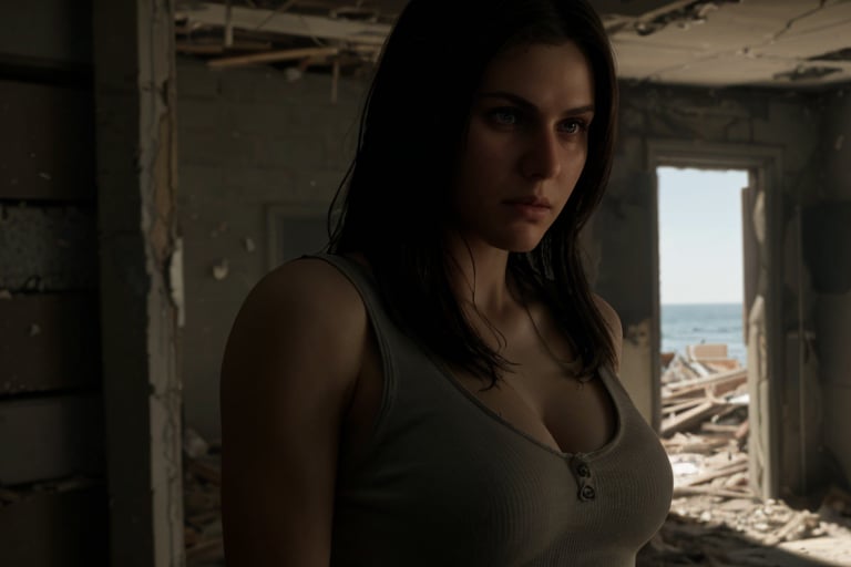 Fully realistic and detailed image of 4lex4ndr4 acting in San Andreas movie. She is trying to survive a water, building collapse, rubble and destruction everywhere, photorealism with extremely bright lighting from the sun, and sharp details.