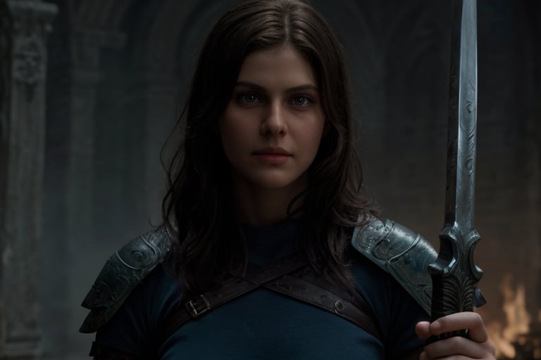 Fully realistic and detailed image of 4lex4ndr4, realistic and detailed face, acting in a scene from Percy Jackson. She is holding a sword, preparing for battle in a mystical setting. Cinematic style  with extremely clear lighting, detailed textures, and vibrant colors.
