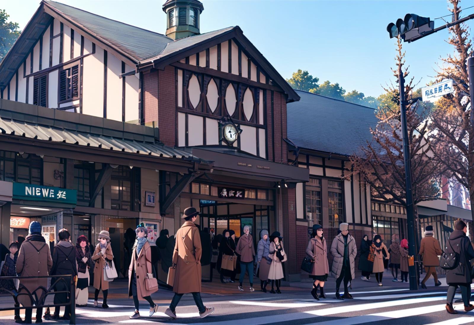 masterpiece, best quality, very aesthetic, absurdres,harajukueki, storefront, real world location, outdoors, tree, multiple girls, street, road, bag, day, scenery, walking, 6+girls, multiple boys, 6+boys, sky, lamppost, building, scarf, crosswalk, coat, pavement, blue sky, vanishing point, winter, hat, handbag <lora:harajuku_eki_SDXL_V1:1>