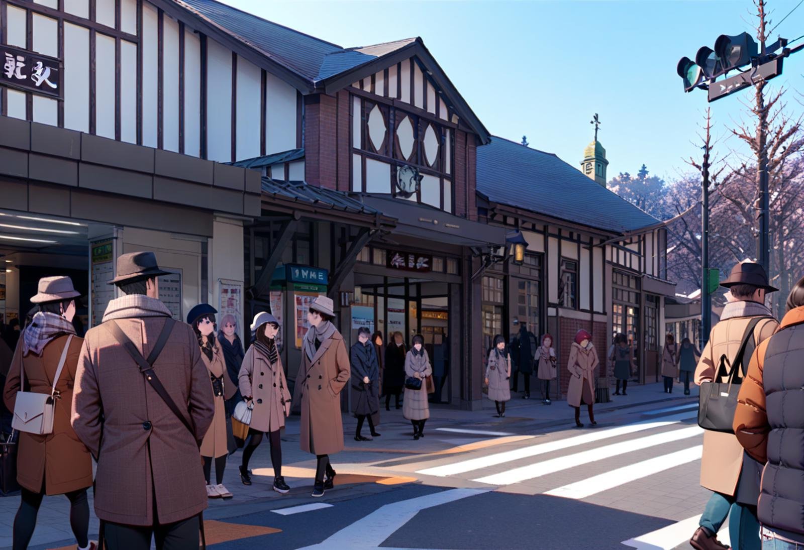 masterpiece, best quality, very aesthetic, absurdres,harajukueki, storefront, real world location, outdoors, tree, multiple girls, street, road, bag, day, scenery, walking, 6+girls, multiple boys, 6+boys, sky, lamppost, building, scarf, crosswalk, coat, pavement, blue sky, vanishing point, winter, hat, handbag <lora:harajuku_eki_SDXL_V1:1>