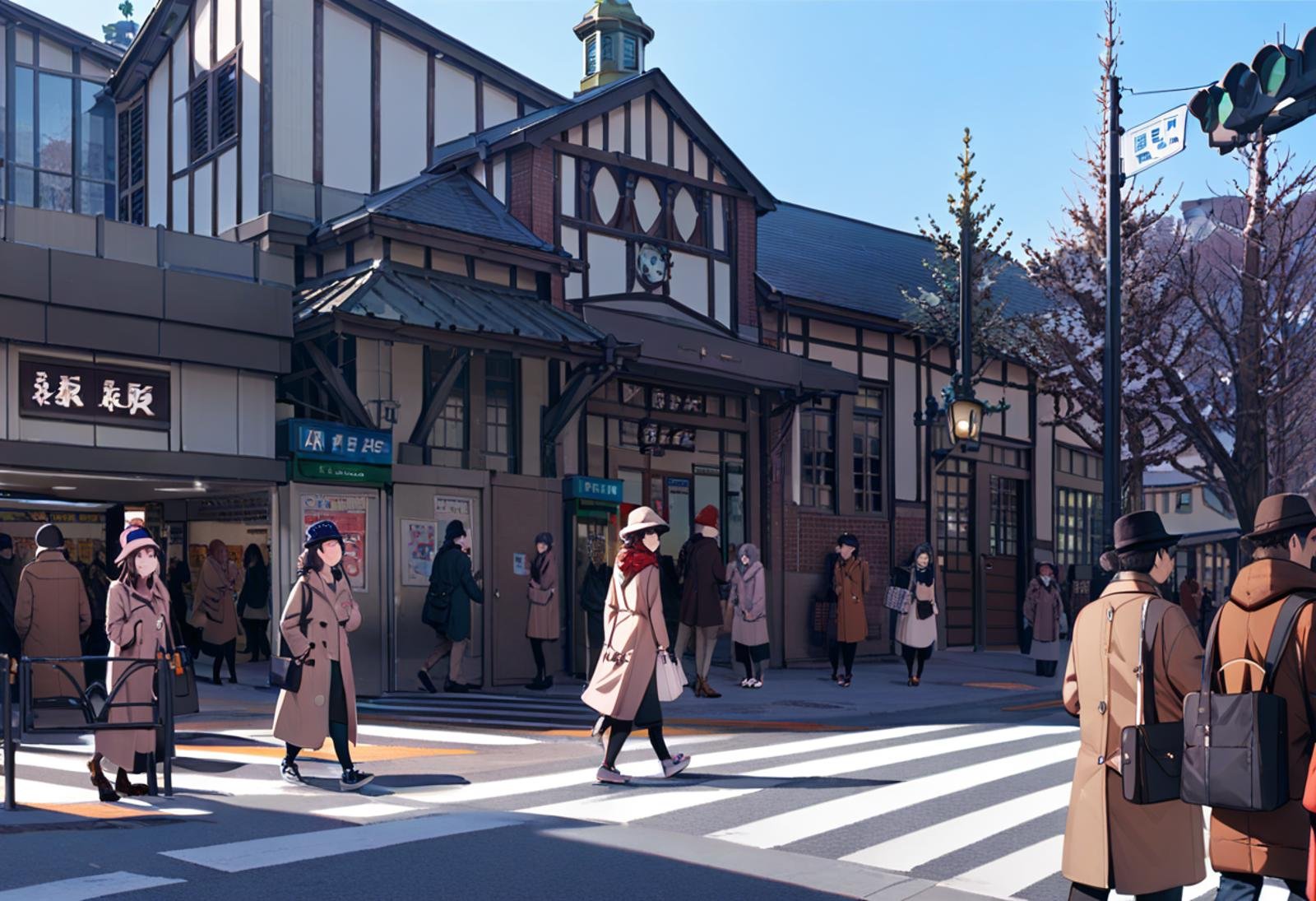 masterpiece, best quality, very aesthetic, absurdres,harajukueki, storefront, real world location, outdoors, tree, multiple girls, street, road, bag, day, scenery, walking, 6+girls, multiple boys, 6+boys, sky, lamppost, building, scarf, crosswalk, coat, pavement, blue sky, vanishing point, winter, hat, handbag <lora:harajuku_eki_SDXL_V1:1>