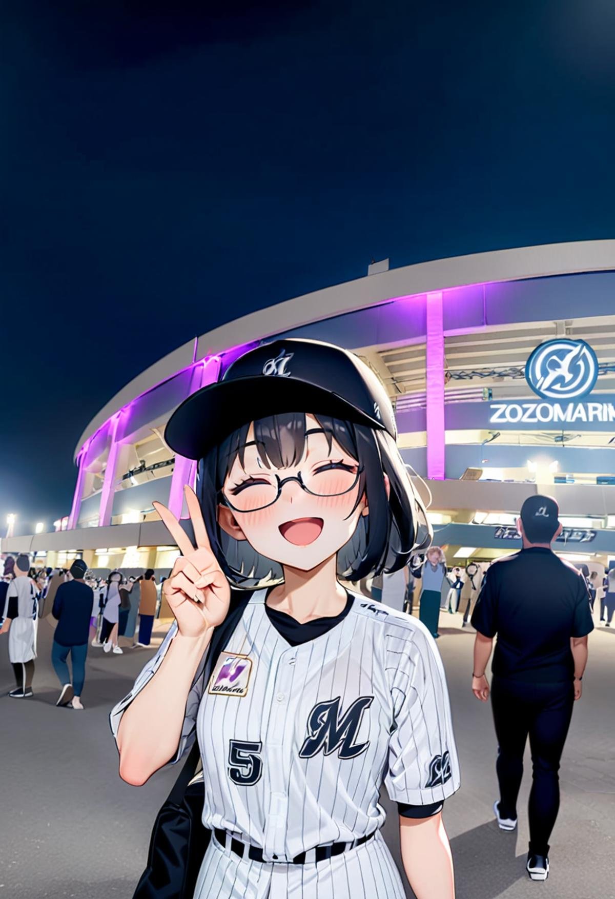 masterpiece, best quality, very aesthetic, absurdres,1girl, glasses, black hair, medium hair, chibalotteU, baseball uniform, baseball cap, skirt, bag, happy, smile, closed eyes, open mouth, v, looking at viewer, marine_stadium, storefront, night, real world location, crowd, people, 6+boys, walking, scenery, outdoors, building, neon lights, night sky, sign <lora:marine_stadium_SDXL_V1:1> <lora:ChibaLotteMarinesUniformH_SDXL_V1:1>