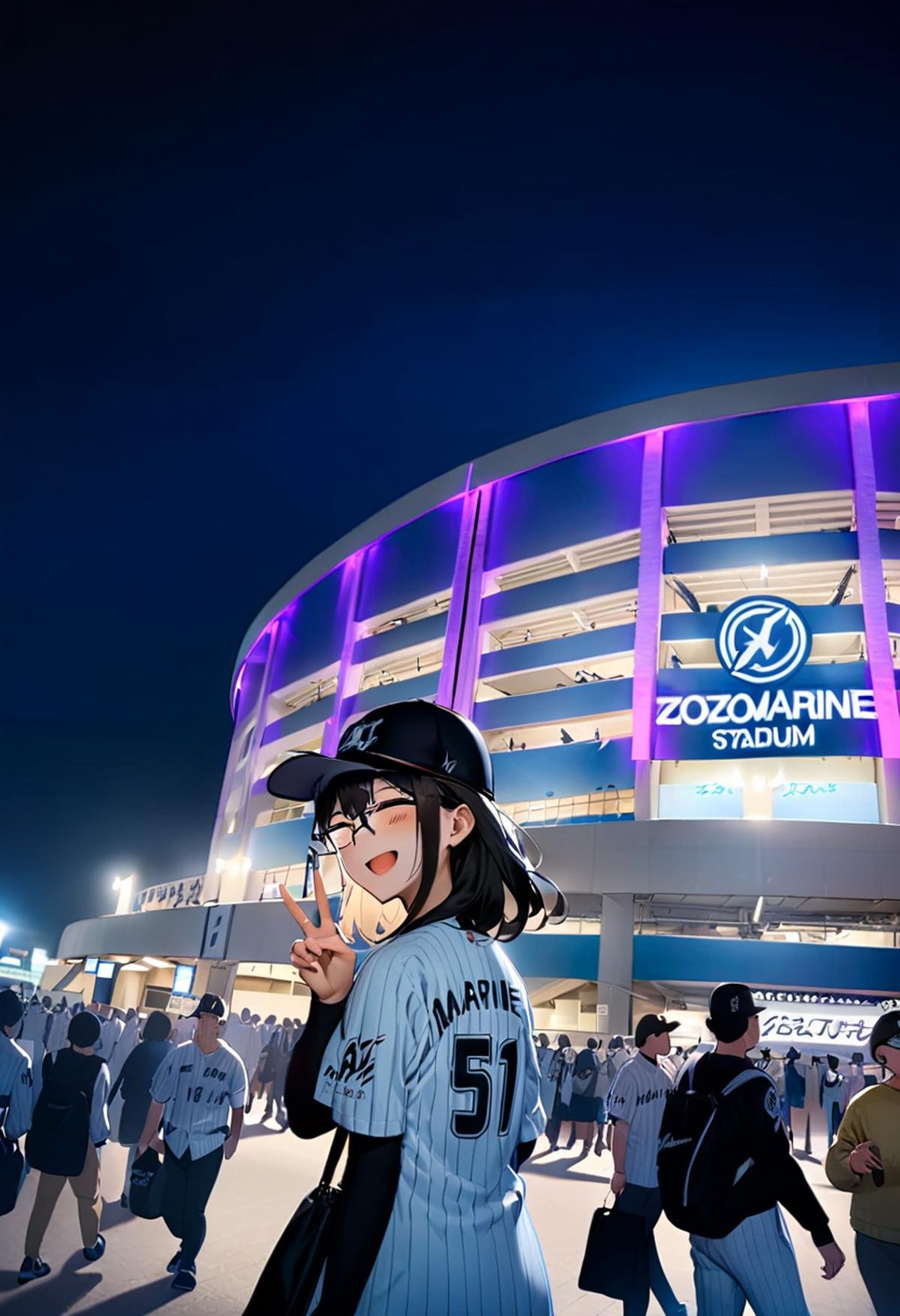 masterpiece, best quality, very aesthetic, absurdres,1girl, glasses, black hair, medium hair, chibalotteU, baseball uniform, baseball cap, skirt, bag, happy, smile, closed eyes, open mouth, v, looking at viewer, marine_stadium, storefront, night, real world location, crowd, people, 6+boys, walking, scenery, outdoors, building, neon lights, night sky, sign <lora:marine_stadium_SDXL_V1:1> <lora:ChibaLotteMarinesUniformH_SDXL_V1:1>