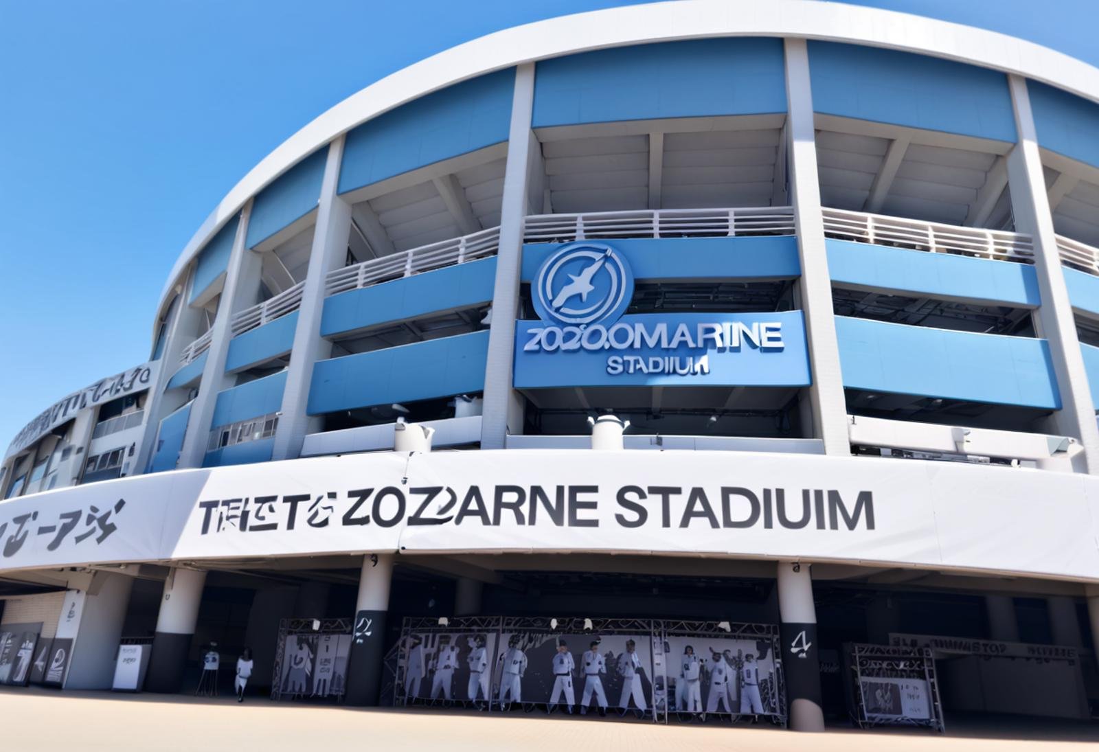 masterpiece, best quality, very aesthetic, absurdres,marine_stadium, storefront, scenery, sky, outdoors, blue sky, english text, building, sign, day, real world location, shop <lora:marine_stadium_SDXL_V1:1>