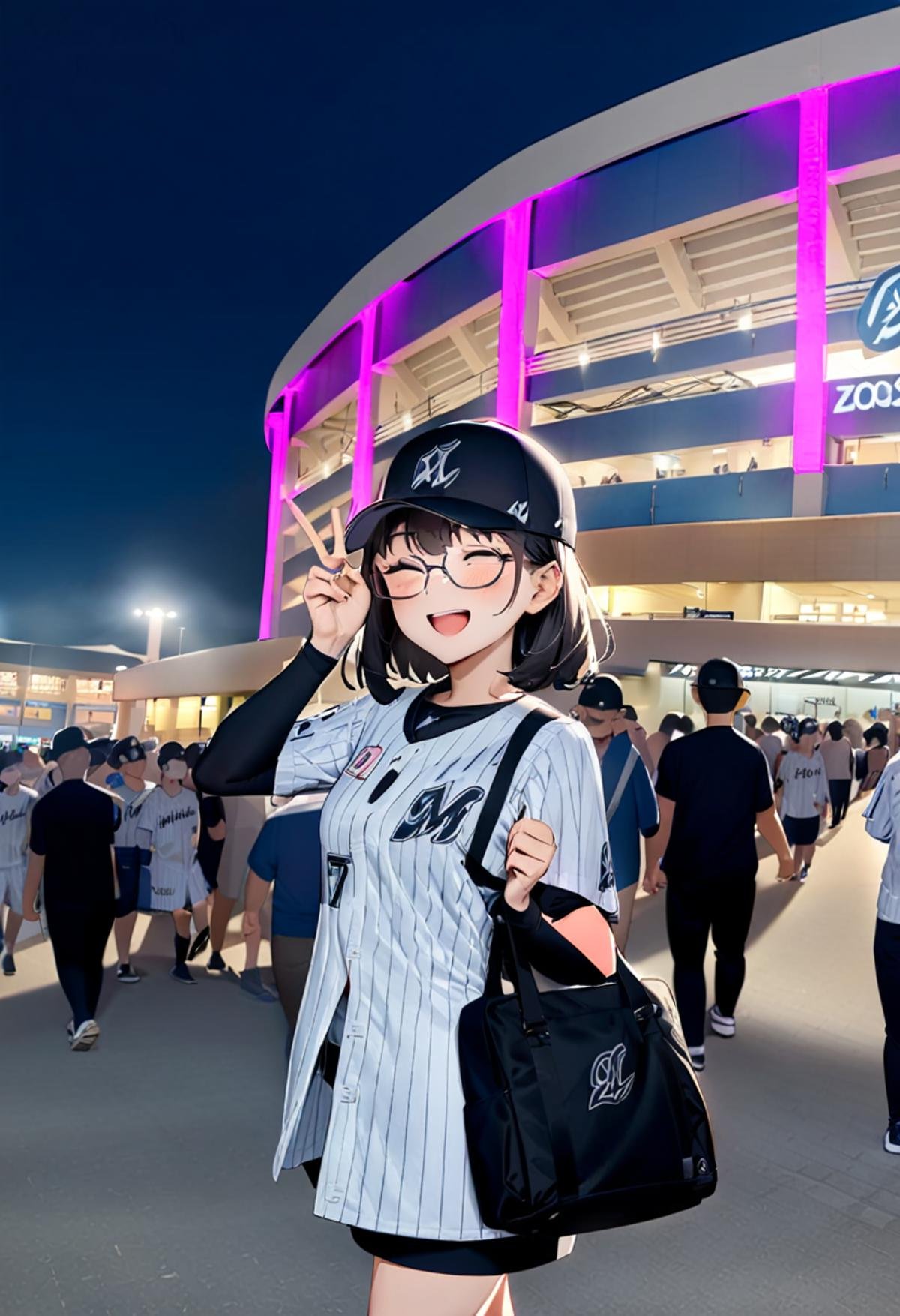 masterpiece, best quality, very aesthetic, absurdres,1girl, glasses, black hair, medium hair, chibalotteU, baseball uniform, baseball cap, skirt, bag, happy, smile, closed eyes, open mouth, v, looking at viewer, marine_stadium, storefront, night, real world location, crowd, people, 6+boys, walking, scenery, outdoors, building, neon lights, night sky, sign <lora:marine_stadium_SDXL_V1:1> <lora:ChibaLotteMarinesUniformH_SDXL_V1:1>