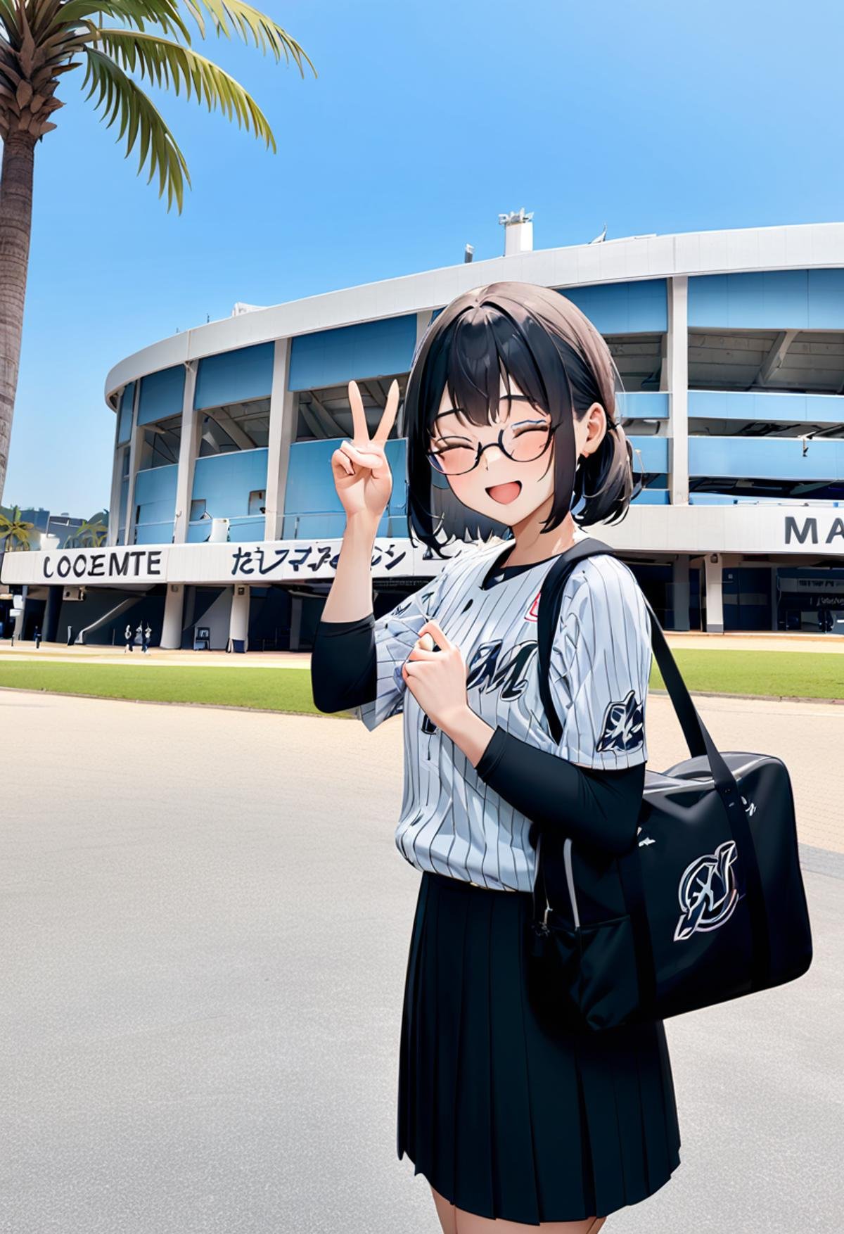 masterpiece, best quality, very aesthetic, absurdres,marine_stadium, storefront, tree, scenery, outdoors, building, sky, palm tree, english text, day, real world location,1girl, glasses, black hair, medium hair, chibalotteU, baseball uniform, skirt, bag, happy, smile, closed eyes, open mouth, v, looking at viewer,  <lora:marine_stadium_SDXL_V1:1> <lora:ChibaLotteMarinesUniformH_SDXL_V1:1>