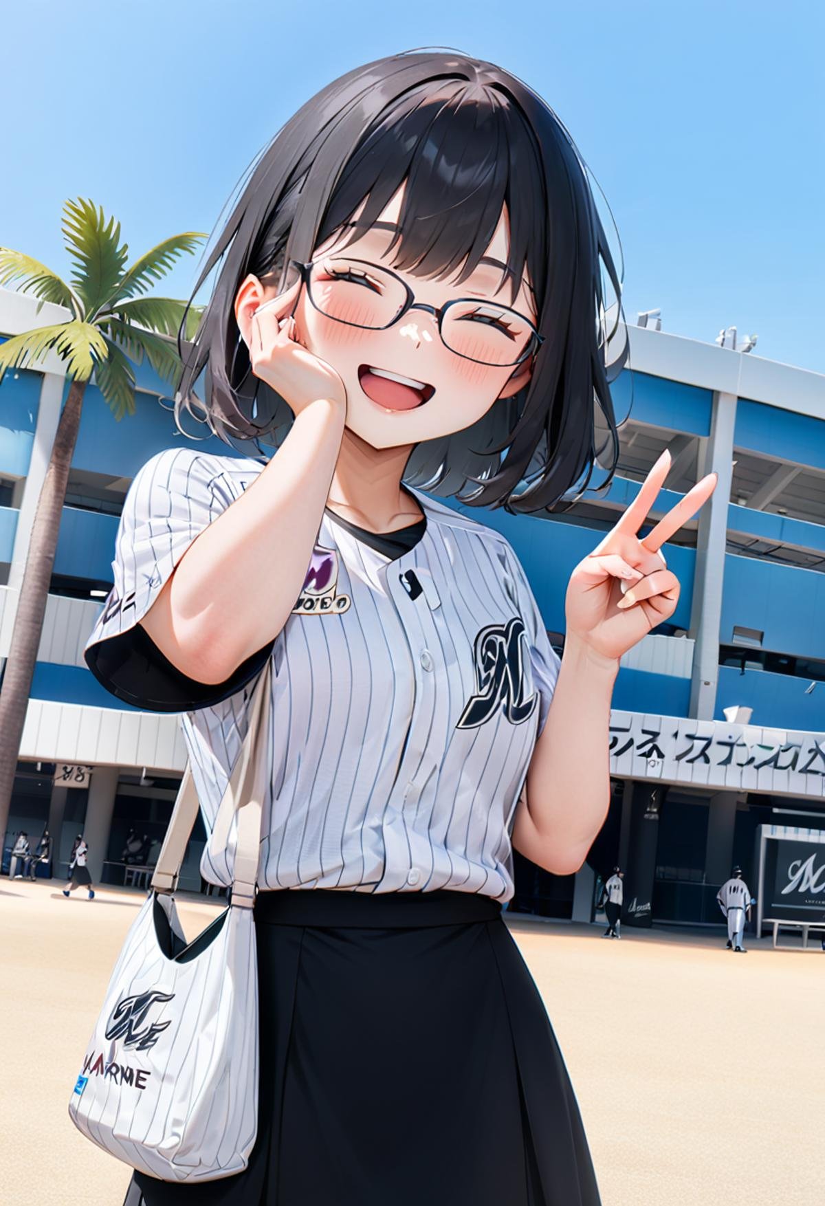 masterpiece, best quality, very aesthetic, absurdres,marine_stadium, storefront, tree, scenery, outdoors, building, sky, palm tree, english text, day, real world location,1girl, glasses, black hair, medium hair, chibalotteU, baseball uniform, skirt, bag, happy, smile, closed eyes, open mouth, v, looking at viewer,  <lora:marine_stadium_SDXL_V1:1> <lora:ChibaLotteMarinesUniformH_SDXL_V1:1>