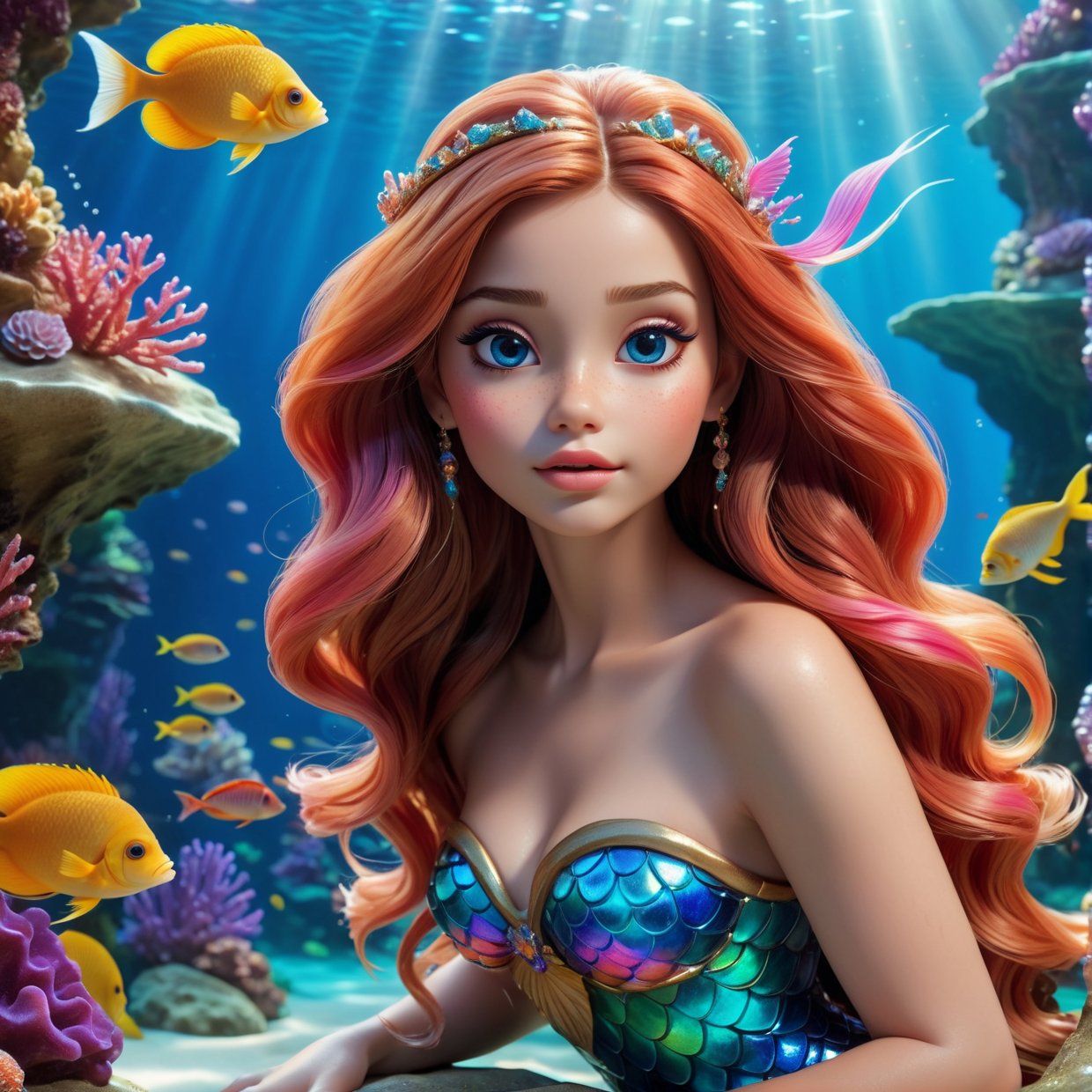 a beautiful mermaid princess with long flowing hair, enchanting eyes, elegant facial features, delicate skin, a shimmering iridescent tail, sitting on a rock surrounded by a magical underwater scene with colorful coral, schools of tropical fish, and shafts of light streaming through the water, (best quality,4k,8k,highres,masterpiece:1.2),ultra-detailed,(realistic,photorealistic,photo-realistic:1.37),fantasy,digital art, cinematic lighting, vibrant colors, intricate details