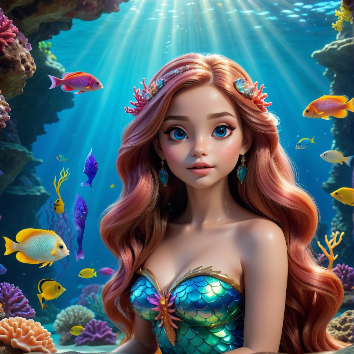 a beautiful mermaid princess with long flowing hair, enchanting eyes, elegant facial features, delicate skin, a shimmering iridescent tail, sitting on a rock surrounded by a magical underwater scene with colorful coral, schools of tropical fish, and shafts of light streaming through the water, (best quality,4k,8k,highres,masterpiece:1.2),ultra-detailed,(realistic,photorealistic,photo-realistic:1.37),fantasy,digital art, cinematic lighting, vibrant colors, intricate details
