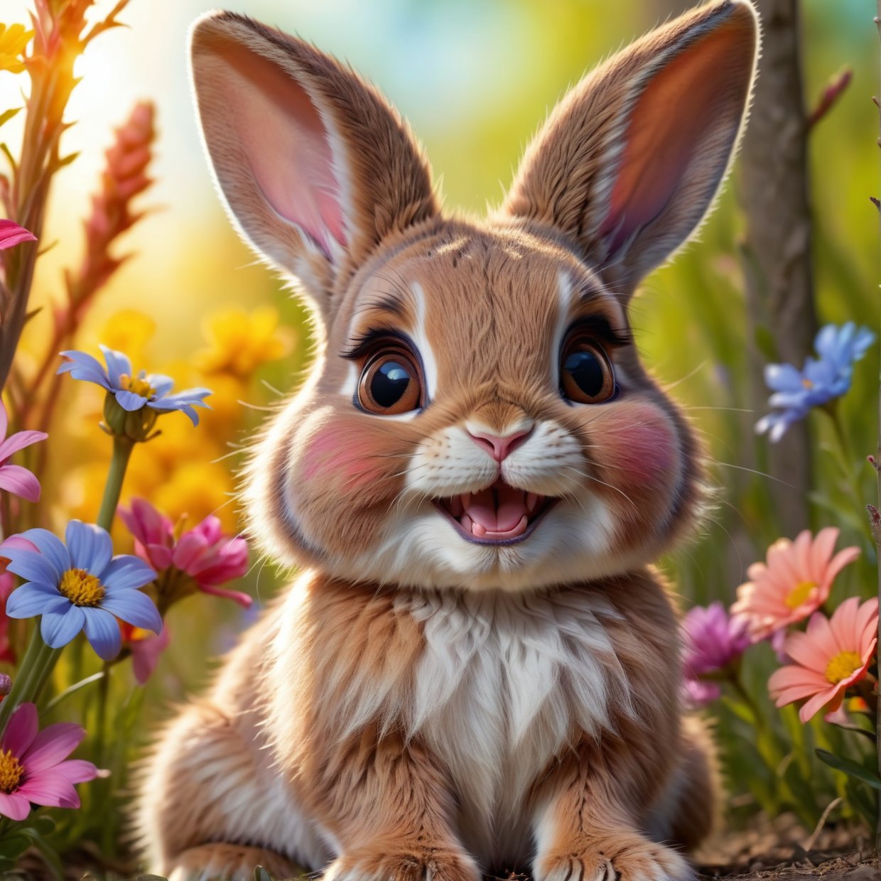 a cute rabbit with long brown ears, detailed fur, big eyes, button nose, adorable smile, sitting in a meadow of colorful flowers, sunlight streaming through the trees, soft pastel colors, ethereal, whimsical, magical, detailed, 8k, high resolution, photorealistic