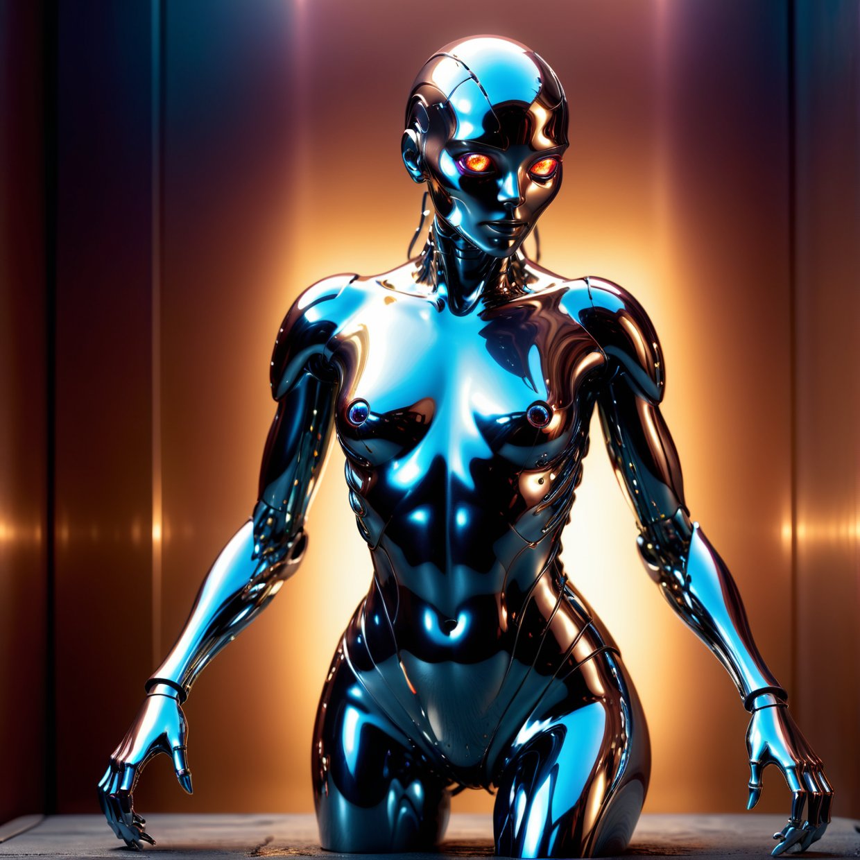 A shiny, metallic humanoid figure, chrome liquid metal body, highly detailed features, glowing eyes, seamless joints, flowing liquid movements, surreal and futuristic atmosphere, cinematic lighting, dramatic shadows, vibrant color palette, photorealistic rendering, digital art, concept art