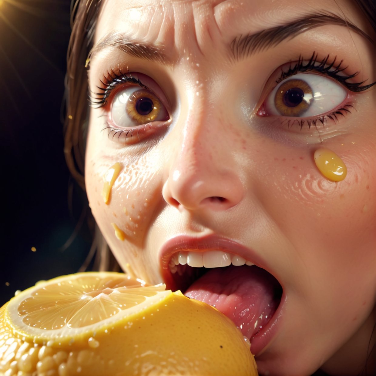 a lemon eating contest, close-up view of a person's mouth biting into a juicy lemon, sour facial expression, intense concentration, citrus flavor, vibrant yellow lemon, dramatic lighting, dynamic camera angle, photorealistic, highly detailed, cinematic