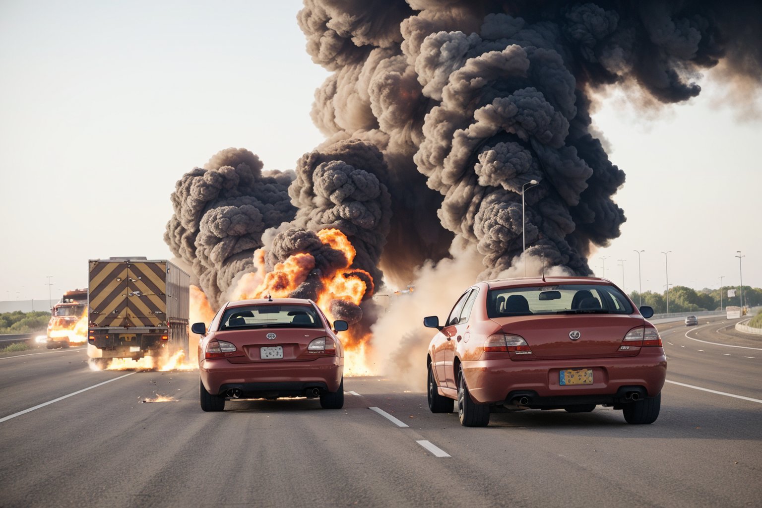 Cars driving on the highway, explosion, photography, explosion artstyle