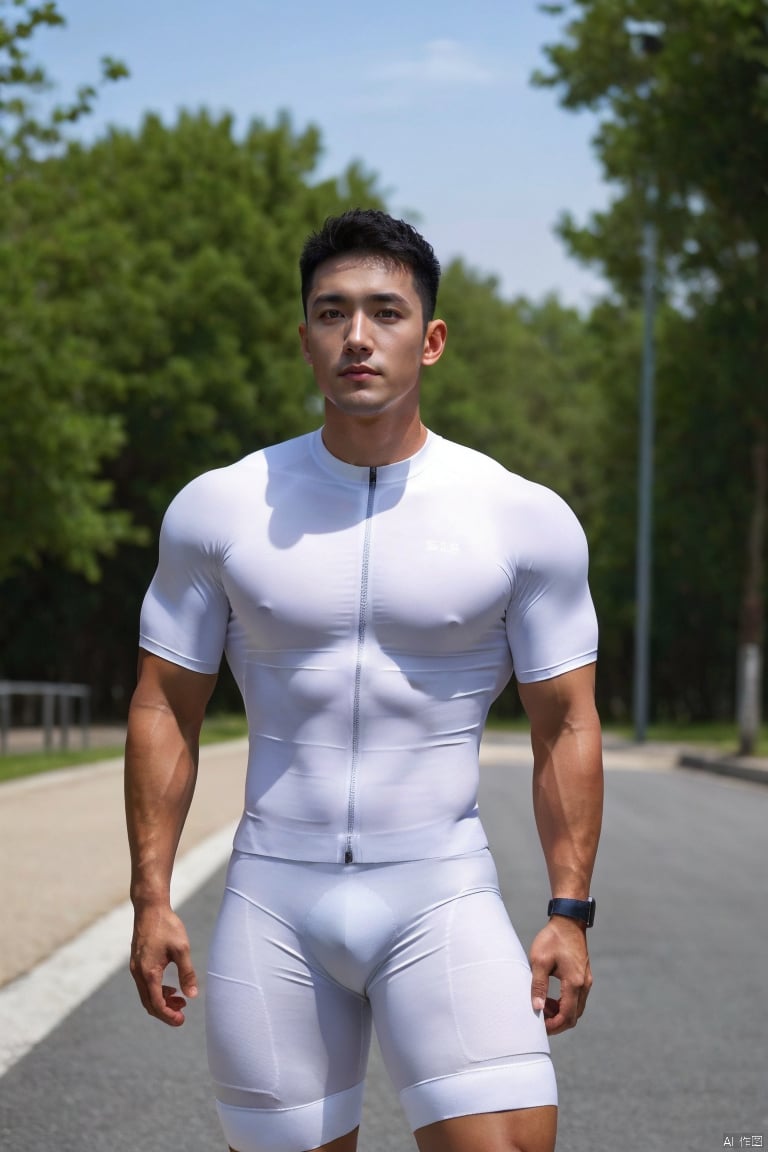 jzns,bikesuit, 1man, male focus,exquisite facial,handsome,charming eyes,solo,asian,short hair, black hair, outdoors, blurry, muscular,white tight short_sleeves,white bike shorts,kneehigh socks,kneehighs,footwear,blurry background,masterpiece,realistic,best quality,highly detailed,highres,jm