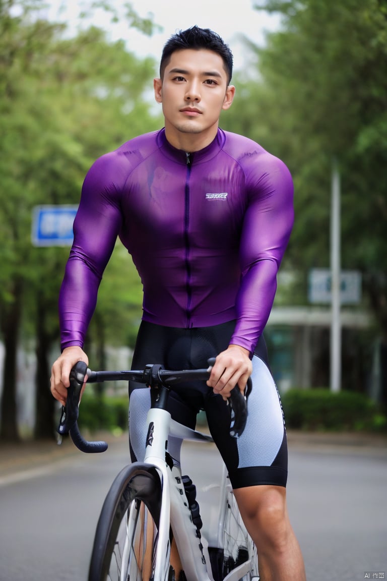 jzns,bikesuit, 1man, male focus,exquisite facial,handsome,charming eyes,solo,asian,bicycle, solo,asian,  ground vehicle, short hair, black hair, outdoors, blurry, muscular, muscular male, blurry background, realistic, purple tight long_sleeves, bike shorts,(riding bike:1.2),masterpiece,realistic,best quality,highly detailed,highres,brxu