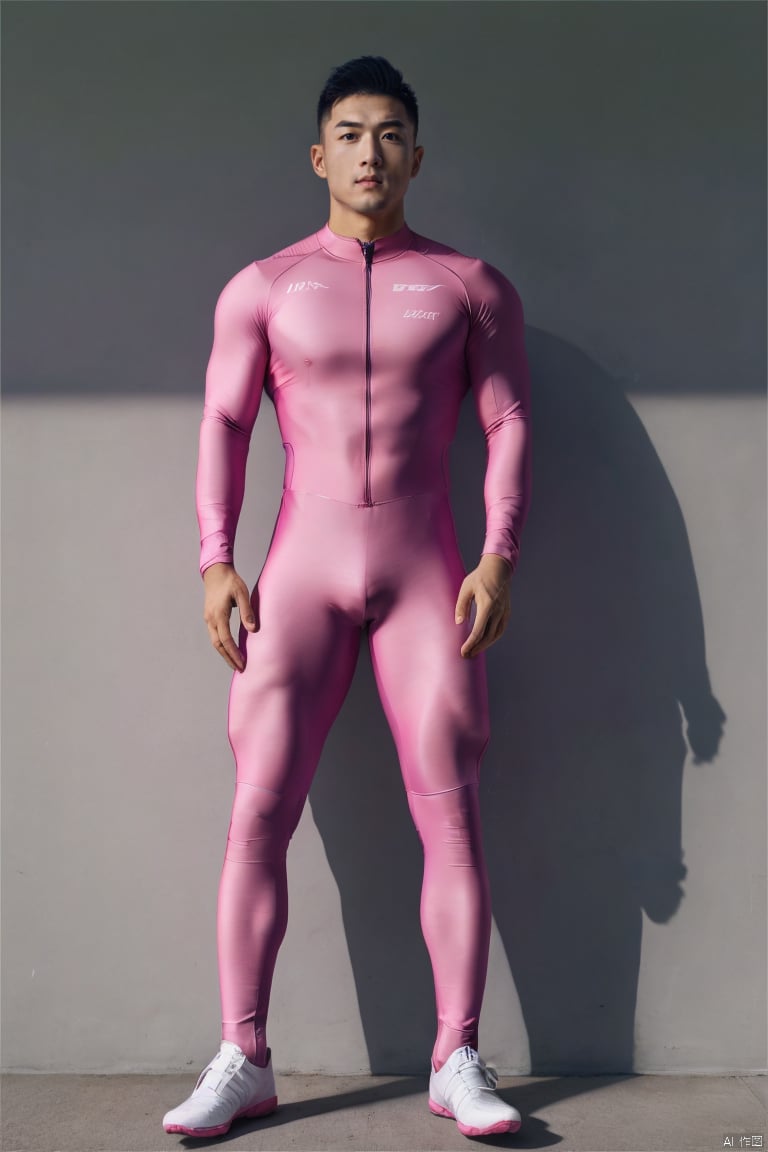 jzns,wak,1man,handsome,glossy pink bikesuit,kneehigh socks,asian,realistic,bulge,full body,,,bikesuit