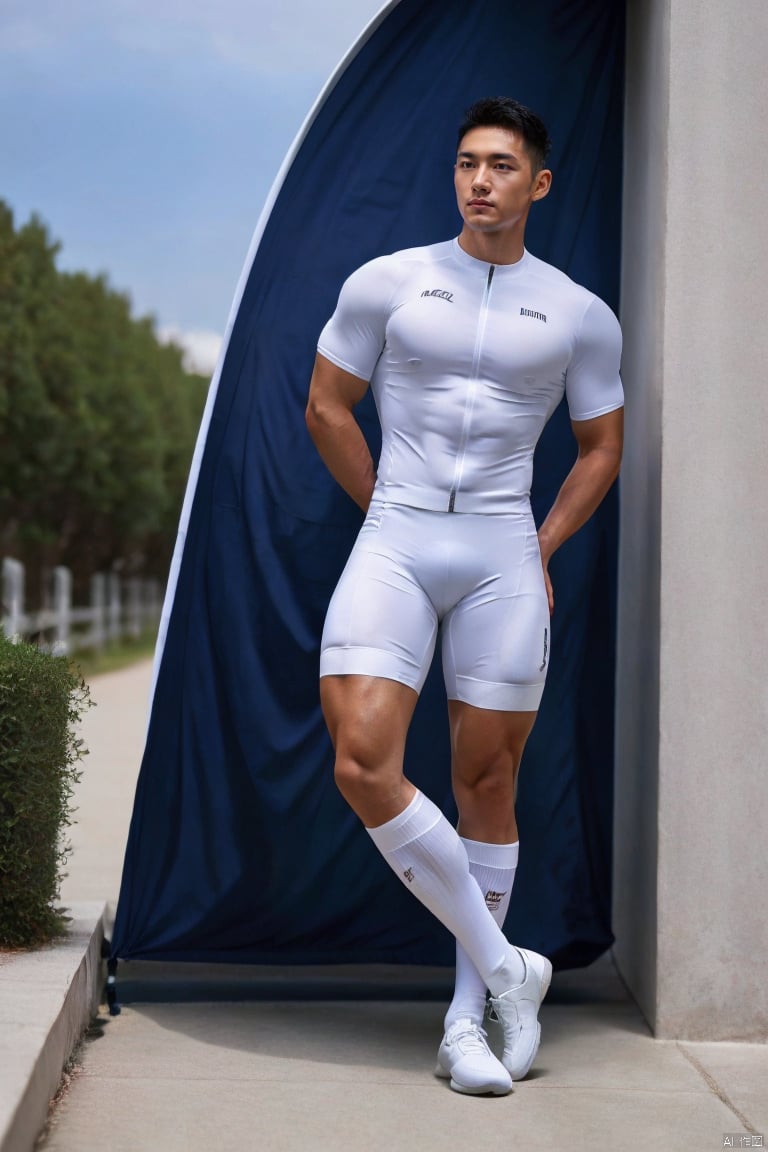 jzns,bikesuit, 1man, male focus,exquisite facial,handsome,charming eyes,solo,asian,short hair, black hair, outdoors, blurry, muscular,white tight short_sleeves,white bike shorts,kneehigh socks,kneehighs,footwear,blurry background,masterpiece,realistic,best quality,highly detailed,highres,jm