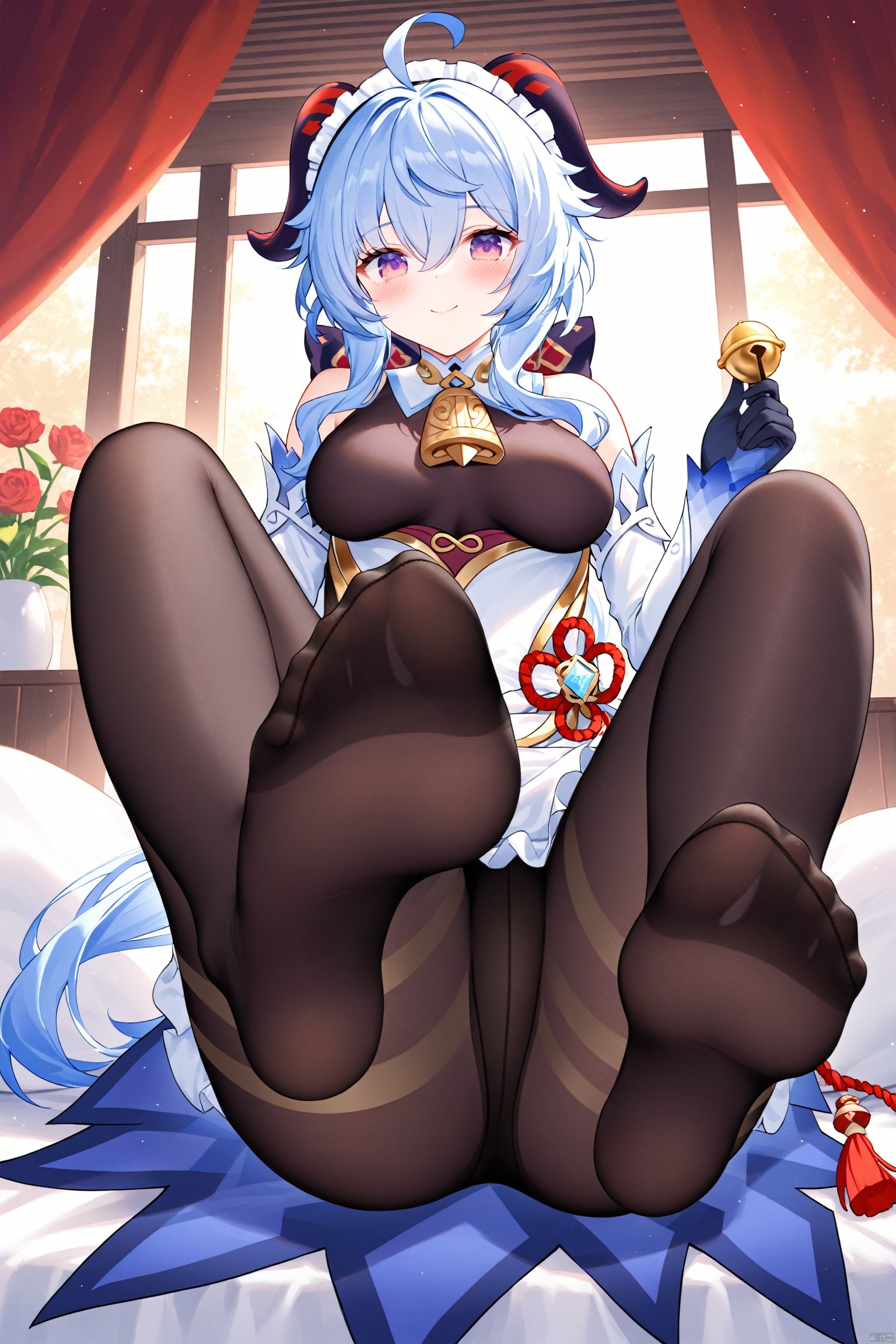 TT, 1girl, ganyu \(genshin impact\), feet, solo, blue hair, no shoes, horns, breasts, soles, purple eyes, gloves, long hair, pantyhose, ahoge, looking at viewer, maid headdress, black gloves, black pantyhose, bare shoulders, sitting, toes, holding, bangs, alternate costume, bodystocking, full body, medium breasts, signature, maid, goat horns, detached sleeves, dress, tassel, blush, flower knot, bell, legs, sidelocks, foot focus, smile, foreshortening, closed mouth, enmaided, artist name, hair between eyes