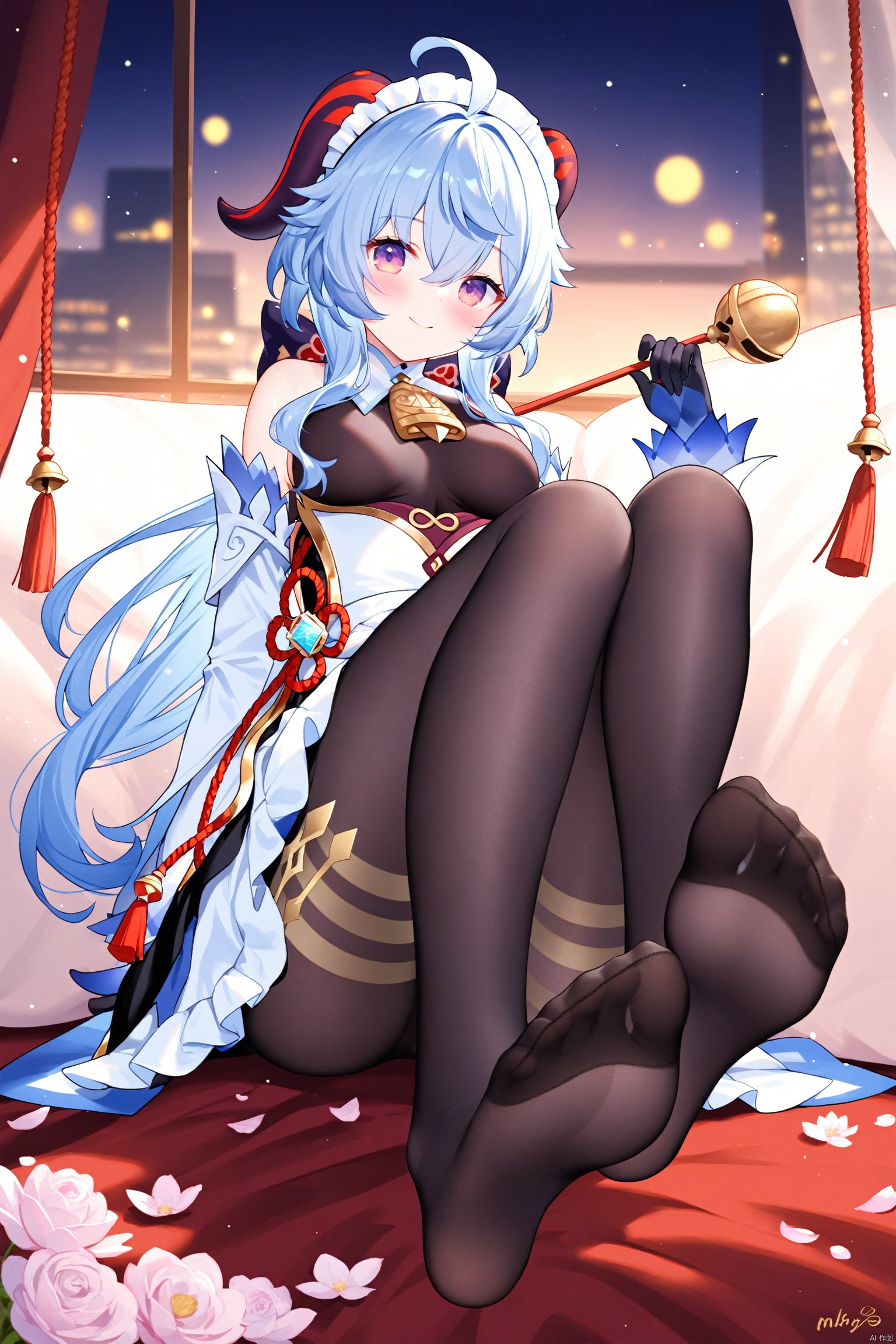 TT, 1girl, ganyu \(genshin impact\), feet, solo, blue hair, no shoes, horns, breasts, soles, purple eyes, gloves, long hair, pantyhose, ahoge, looking at viewer, maid headdress, black gloves, black pantyhose, bare shoulders, sitting, toes, holding, bangs, alternate costume, bodystocking, full body, medium breasts, signature, maid, goat horns, detached sleeves, dress, tassel, blush, flower knot, bell, legs, sidelocks, foot focus, smile, foreshortening, closed mouth, enmaided, artist name, hair between eyes