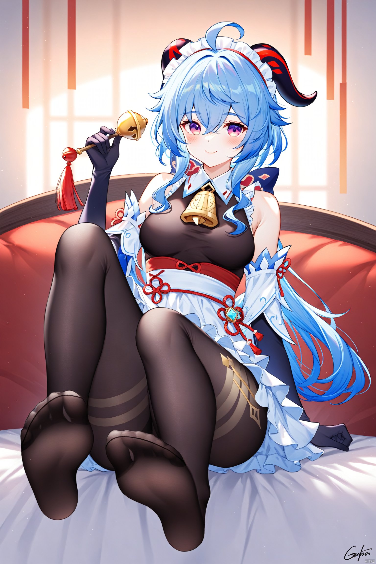 TT, 1girl, ganyu \(genshin impact\), feet, solo, blue hair, no shoes, horns, breasts, soles, purple eyes, gloves, long hair, pantyhose, ahoge, looking at viewer, maid headdress, black gloves, black pantyhose, bare shoulders, sitting, toes, holding, bangs, alternate costume, bodystocking, full body, medium breasts, signature, maid, goat horns, detached sleeves, dress, tassel, blush, flower knot, bell, legs, sidelocks, foot focus, smile, foreshortening, closed mouth, enmaided, artist name, hair between eyes