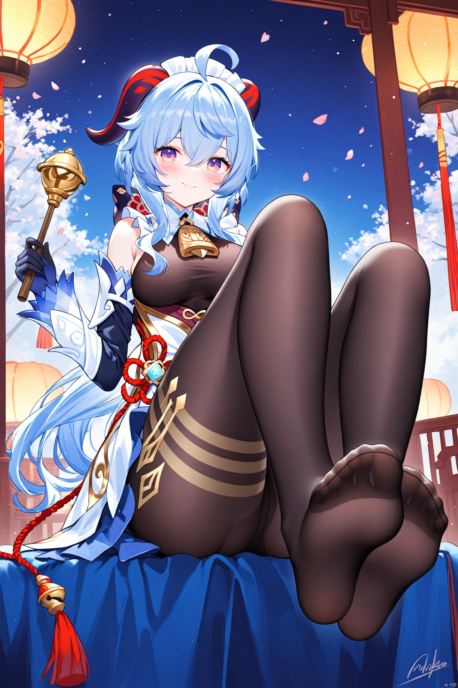 TT, 1girl, ganyu \(genshin impact\), feet, solo, blue hair, no shoes, horns, breasts, soles, purple eyes, gloves, long hair, pantyhose, ahoge, looking at viewer, maid headdress, black gloves, black pantyhose, bare shoulders, sitting, toes, holding, bangs, alternate costume, bodystocking, full body, medium breasts, signature, maid, goat horns, detached sleeves, dress, tassel, blush, flower knot, bell, legs, sidelocks, foot focus, smile, foreshortening, closed mouth, enmaided, artist name, hair between eyes