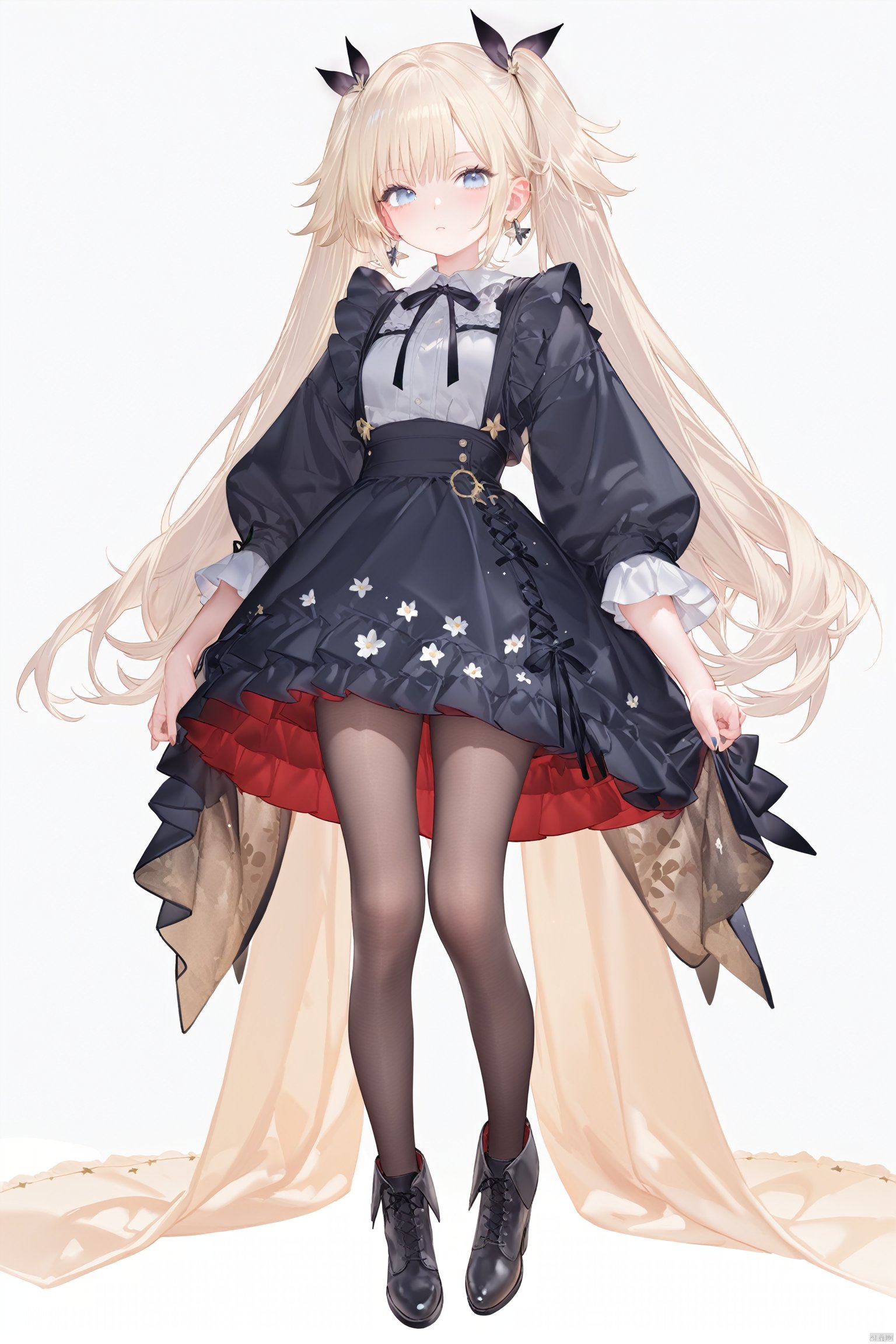 (best quality), ((masterpiece)), (highres), illustration, original, extremely detailed,1girl, solo, blue eyes, twintails, white background, blonde hair, simple background, shorts, full body, long sleeves, standing, black shorts, boots, frills, frilled sleeves, floral print, ribbon, looking at viewer, bangs, black footwear, pantyhose, puffy long sleeves, puffy sleeves, TT