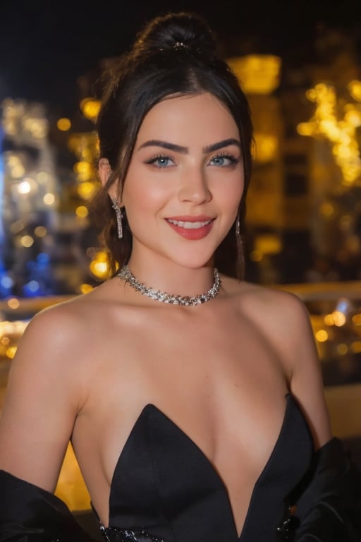 Hyperrealistic photograph of Jade Picon in a triumphant and glamorous moment. She is wearing a stunning black haute couture dress with a daring neckline and exquisite jewel details. The dress flows effortlessly around her as she poses for photos on a red carpet, bathed in bright lights. Her smile is radiant and confident, exuding joy and success. The background is a luxurious setting with hints of black accents and elegant details, creating a cinematic and captivating atmosphere. Focus on Jade, her dress, and the glamorous ambiance. The image should have a cinematic style, with deep shadows and highlights that emphasize her beauty and the richness of the setting. The dress should be sparkling with diamonds and other jewels, reflecting the bright lights in a mesmerizing way.