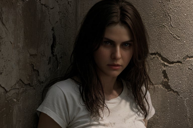 Fully realistic and detailed image of 4lex4ndr4, realistic and detailed face, acting in a horror scene from Texas Chainsaw 3D. She is hiding behind a wall, with a fearful expression, white t-shirt, cinematic style, extremely sharp and intense lighting, sharp details.