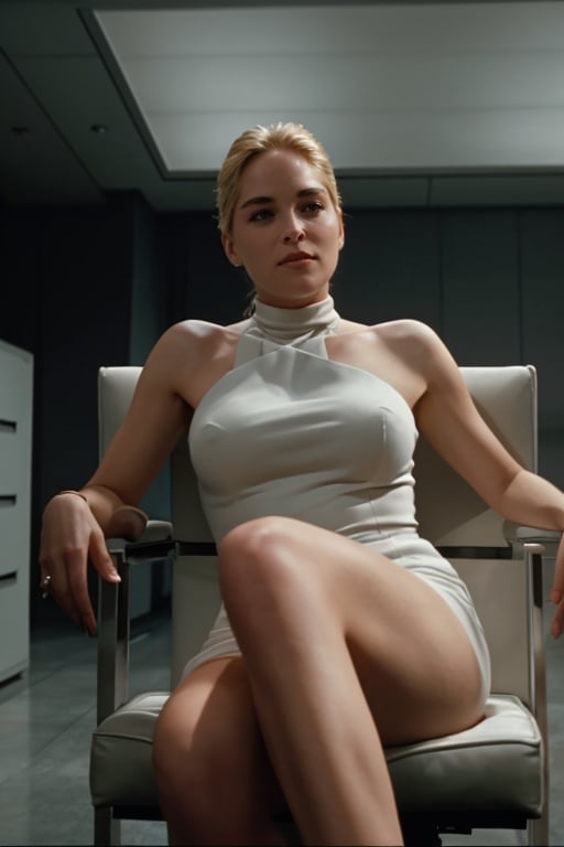 hyperrealistic photo of Sharon Stone (1girl) sitting on a simple black office chair, wearing the iconic white dress from the movie "Basic Instinct". The lighting is dim, creating shadows and contrasts. The focus is on her intense and provocative expression, with eyes fixed on the camera, and the subtle movement of her legs. The image should have a cinematic style, capturing the essence of the original scene from the movie "Basic Instinct", with as much realism as possible