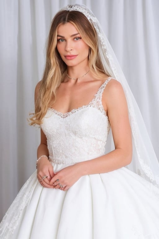 hyperrealistic full body photo of Grazi Massafera, in a white lace wedding dress with pearl details and a long, delicate veil, with a full skirt, white high heels. Focus on the details of the dress, especially the bottom.