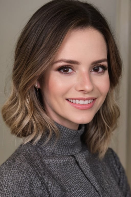 Close up of Sandy, detailed face smiling, gray turtleneck blouse. Cinematic style