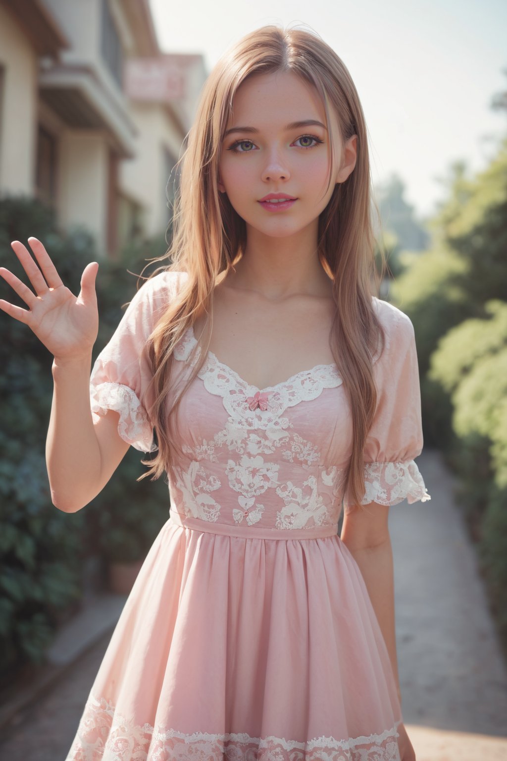 score_9, score_8_up, score_7_up,source_real, young woman, wearing a pink lace dress, waving to the viewer