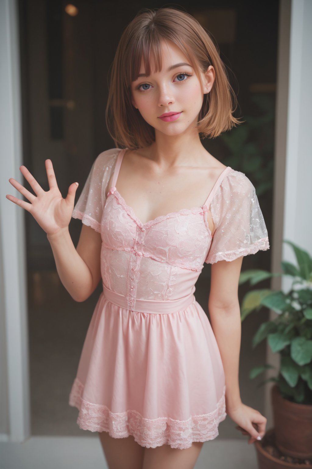 score_9, score_8_up, score_7_up,source_real, young woman, wearing a pink lace dress, waving to the viewer