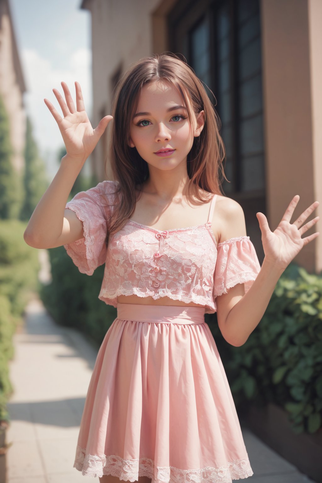 score_9, score_8_up, score_7_up,source_real, young woman, wearing a pink lace dress, waving to the viewer