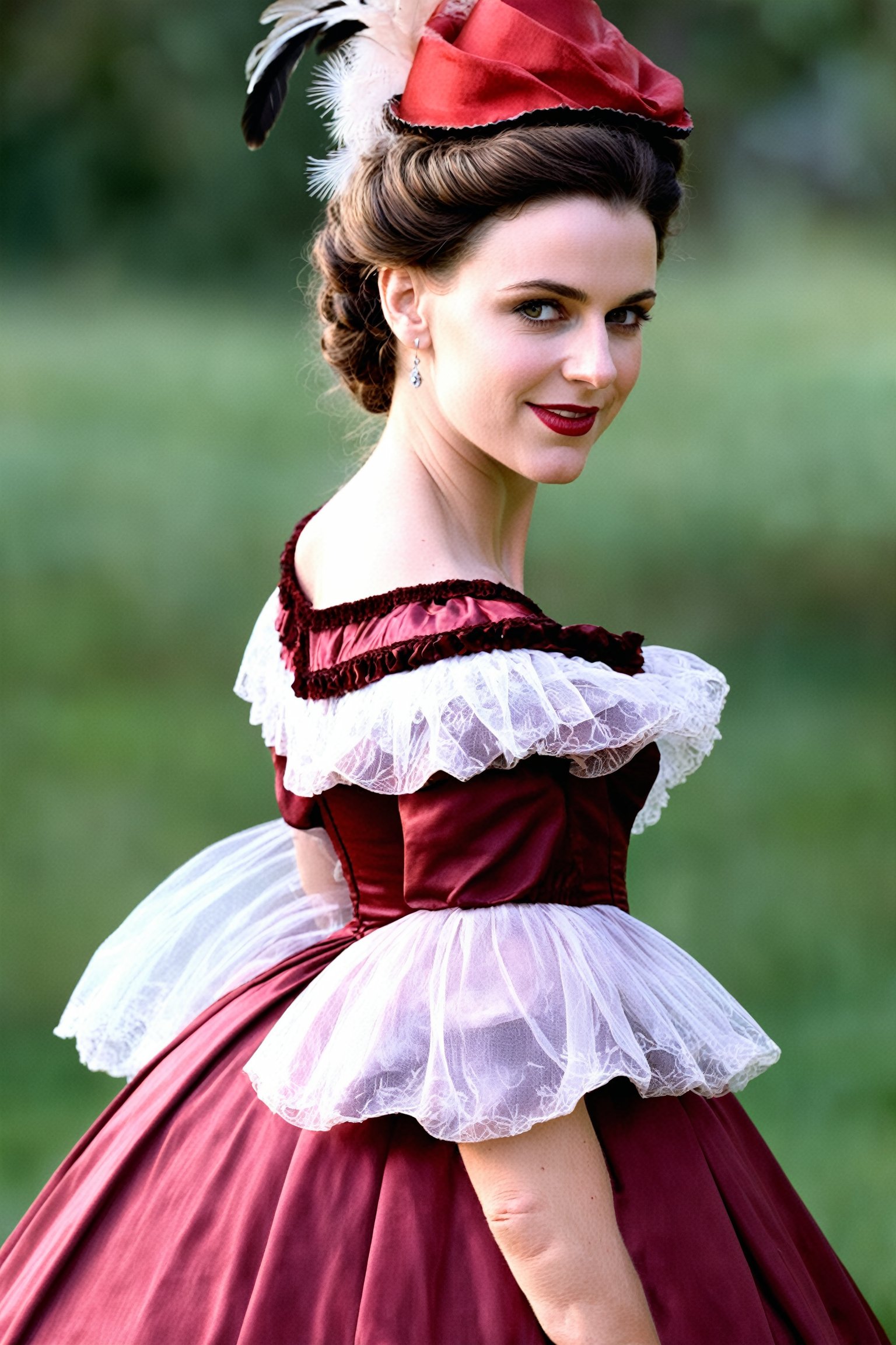 digital photo,  distant shot, beautiful woman, 25, dark hair, in updo, small hat with feather,  wearing wearing red silk victorian hoopdress turning towards camera, evening light, slight smile, morning light, fine skin detail with pores and blemishes,hoopdress