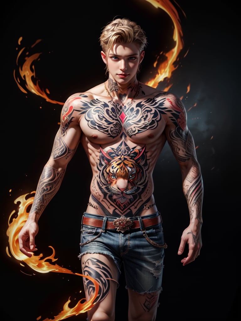 (masterpiece, high quality:1.5), (8K, HDR), 
1boy, solo, Tattoo, Tattoos on the arm, (FuturEvoLabTattoo:1.5), Tiger Tattoo, FuturEvoLabFlame, 