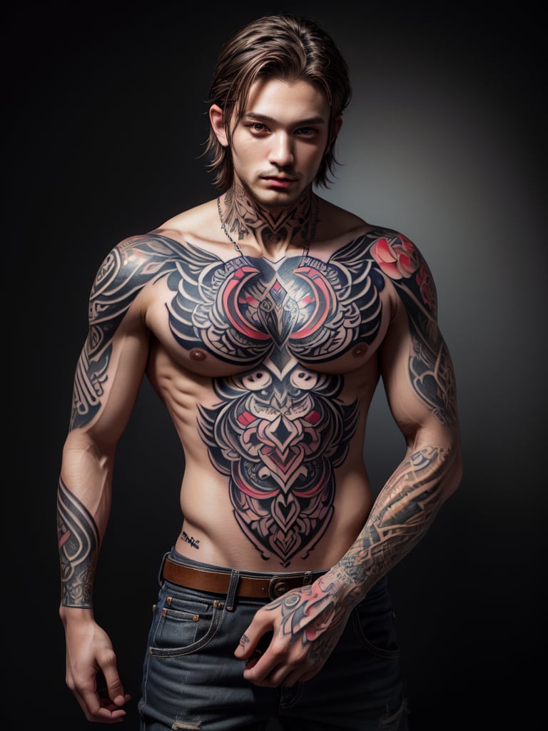 (masterpiece, high quality:1.5), (8K, HDR), 
1boy, solo, Tattoo, Tattoos on the arm, (FuturEvoLabTattoo:1.5), Tiger Tattoo, 