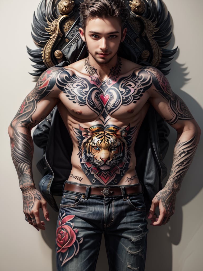 (masterpiece, high quality:1.5), (8K, HDR), 
1boy, solo, Tattoo, Tattoos on the arm, (FuturEvoLabTattoo:1.5), Tiger Tattoo, FuturEvoLabFlame, 