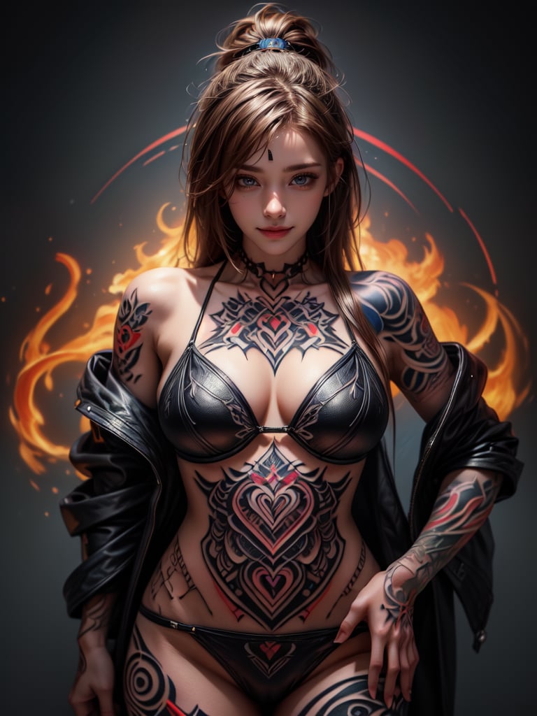 (masterpiece, high quality:1.5), (8K, HDR), 
1 girl, solo, upper_body, bikini, plump figure, Tattoo, (FuturEvoLabTattoo:1.5), Cyberpunk tattoo, FuturEvoLabFlame, 