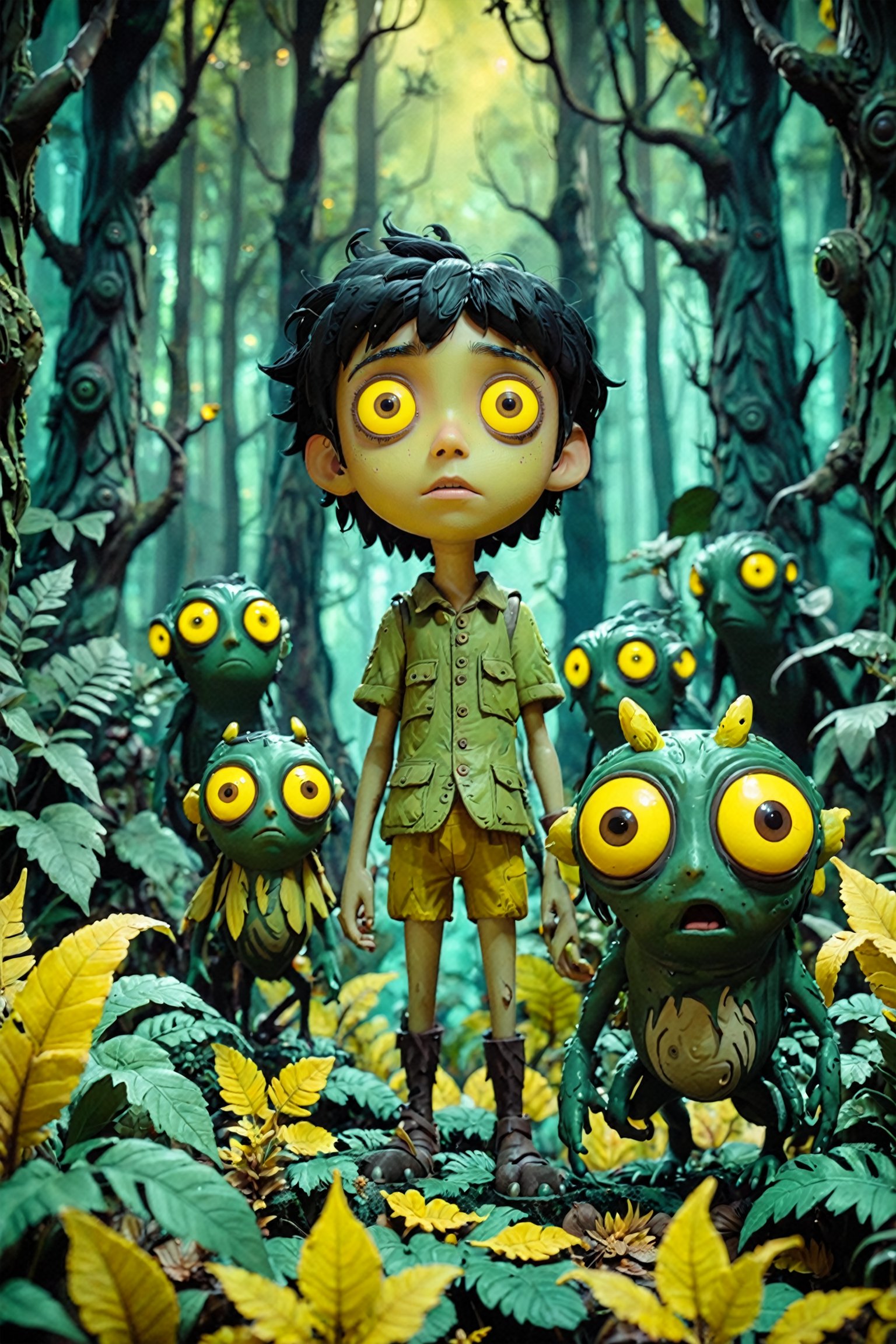 A young animated character with black hair and yellow eyes, standing amidst a forest-like setting. Surrounding the character are various fantastical creatures with large, bulging eyes and menacing expressions. These creatures have a greenish hue and appear to be made of a gelatinous or slimy material. The forest backdrop is filled with foliage, and the overall ambiance is eerie and mysterious.
