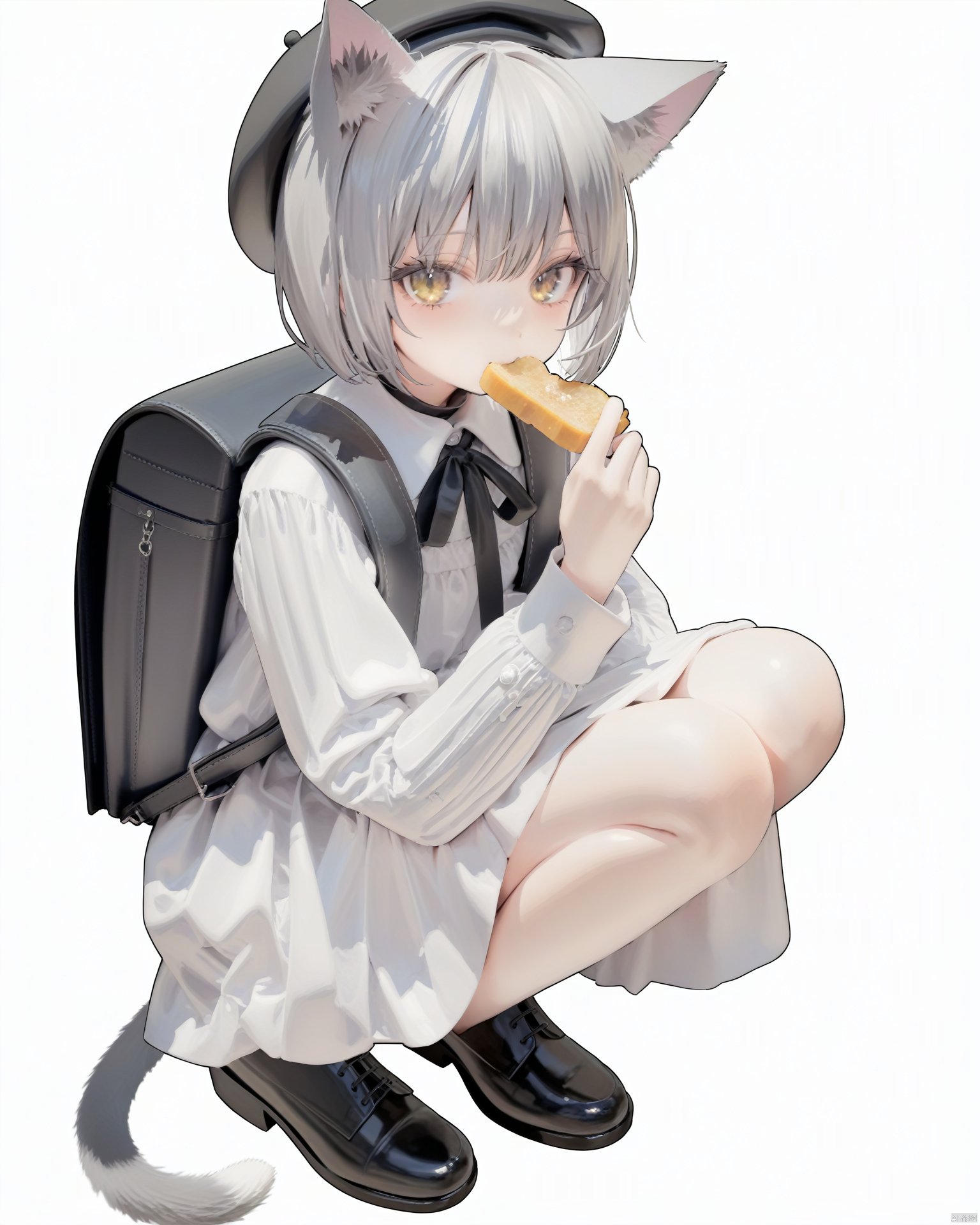 jima,animal ears, tail, 1girl, bag, short hair, hat, white background, solo, squatting, simple background, dress, looking at viewer, white dress, black footwear, long sleeves, backpack, yellow eyes, shoes, full body, ribbon, food, grey hair, mouth hold, black ribbon, black headwear, white hair, animal ear fluff, holding, bangs, food in mouth, beret, neck ribbon, cat ears