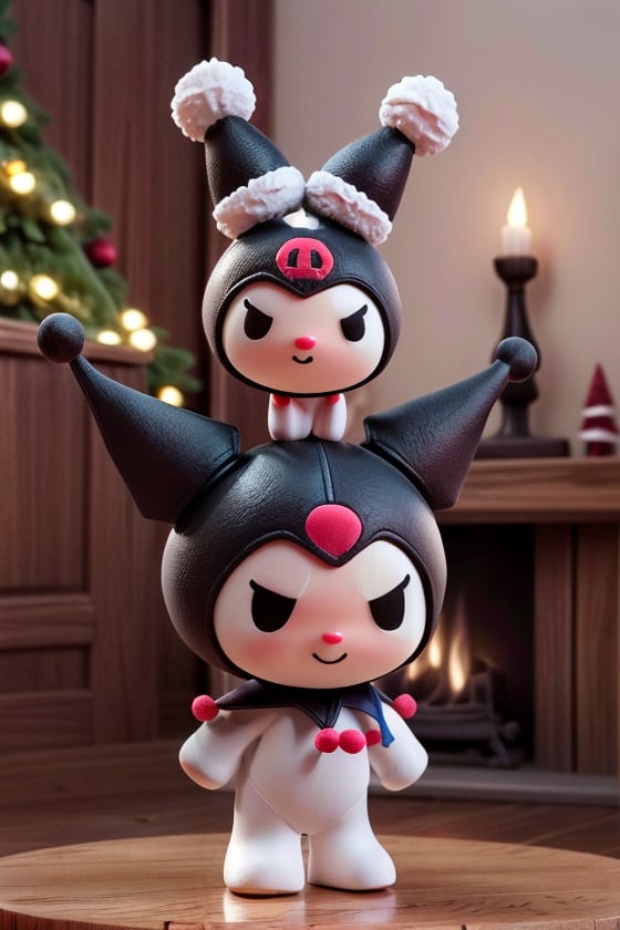 kuromi, solo, (solo), creature, super small size, no humans, ((no_human)), 3D animation, 3D figure, cute and adorable, chibi, big head, small body, short hands, short legs, ((small body)), ((short hands)), ((short legs)), dynamic pose, (masterpiece, ultra-detailed, 16K, best quality: 1.1), high resolution, (ultra detailed), photorealistic, ultra-detailed, finely detailed, high resolution. in living room, dynamic emotion, items in background everything is big size and large, wearing Christmas costume, Christmas.
((white body)), ((black head))