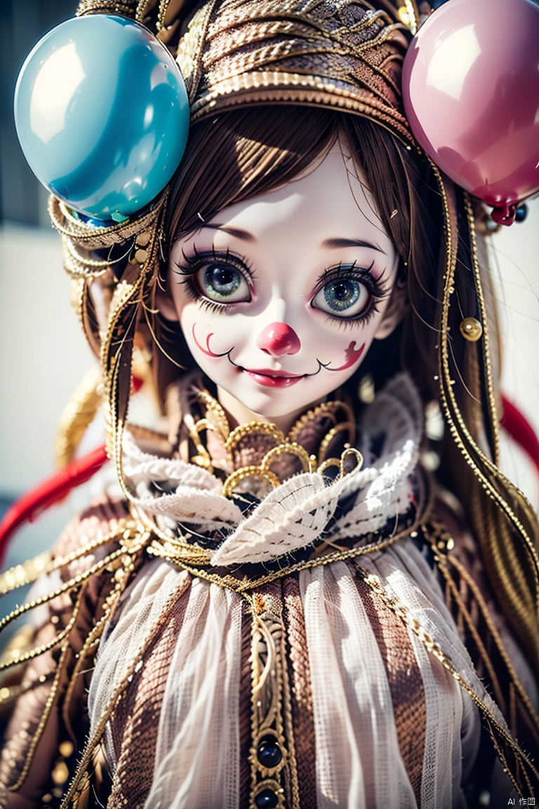 Masterpiece,High Quality,8k,full body,The clown doll,its face is a pale smiling face,painted with thick clown makeup,red lips and big eyes are particularly eye-catching. But if you look closely,this smiling face seems to hide endless sadness,and the eyes reveal a brown of despair and helplessness,and the color has peeled off,revealing the cotton inside. It held a balloon in its hand,which was supposed to be a colorful balloon,but now it has become shriveled and dull,its body is gradually broken,and its face is becoming more and more ferocious.,Unreal, , bbj,cyberpunk