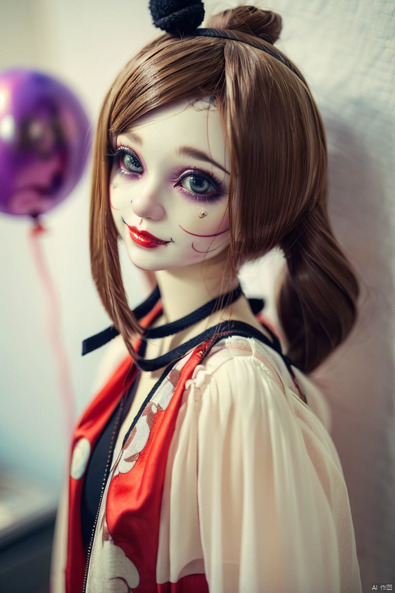 Masterpiece,High Quality,8k,full body,The clown doll,its face is a pale smiling face,painted with thick clown makeup,red lips and big eyes are particularly eye-catching. But if you look closely,this smiling face seems to hide endless sadness,and the eyes reveal a brown of despair and helplessness,and the color has peeled off,revealing the cotton inside. It held a balloon in its hand,which was supposed to be a colorful balloon,but now it has become shriveled and dull,its body is gradually broken,and its face is becoming more and more ferocious.,Unreal, , bbj,cyberpunk