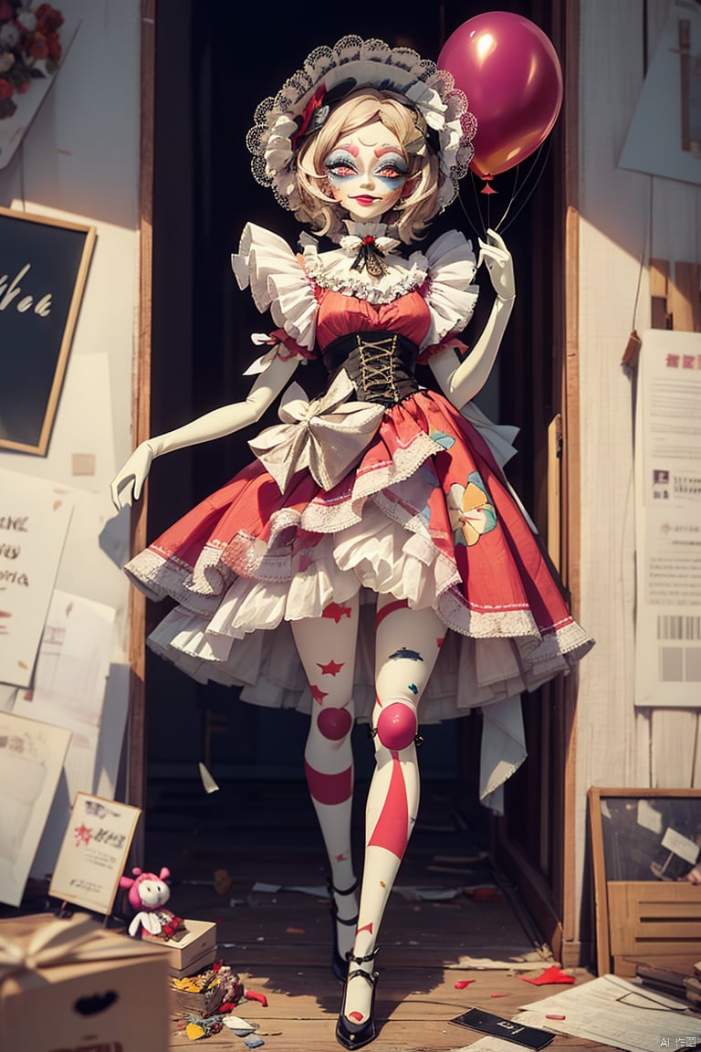 Masterpiece,High Quality,8k,full body,The clown doll,its face is a pale smiling face,painted with thick clown makeup,red lips and big eyes are particularly eye-catching. But if you look closely,this smiling face seems to hide endless sadness,and the eyes reveal a brown of despair and helplessness,and the color has peeled off,revealing the cotton inside. It held a balloon in its hand,which was supposed to be a colorful balloon,but now it has become shriveled and dull,its body is gradually broken,and its face is becoming more and more ferocious.,Unreal