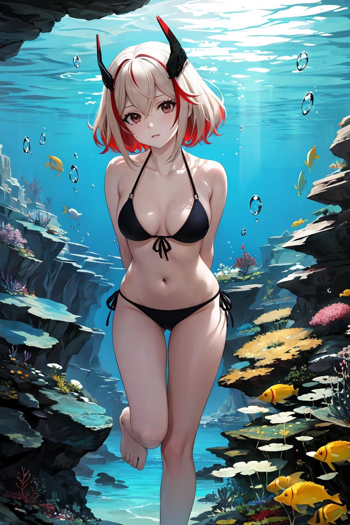 masterpiece, best quality, very aesthetic, ultra detailed, intricate details, 4k, anime style,1girl, solo, brown eyes, red eyes, short hair, streaked hair, shaded face, multicolored hair, blonde hair, red hair, headgear, hair between eyes, streaked hair, skindentation, bikini, black bikini, side-tie bikini bottom, white bikini, full body, looking at viewer, arms behind back, swimningai, underwater, air bubble, bubble, swimming, freediving, water, sand, bottom sand, <lora:Swimning:1>, <lora:LoRA_Roon:1>