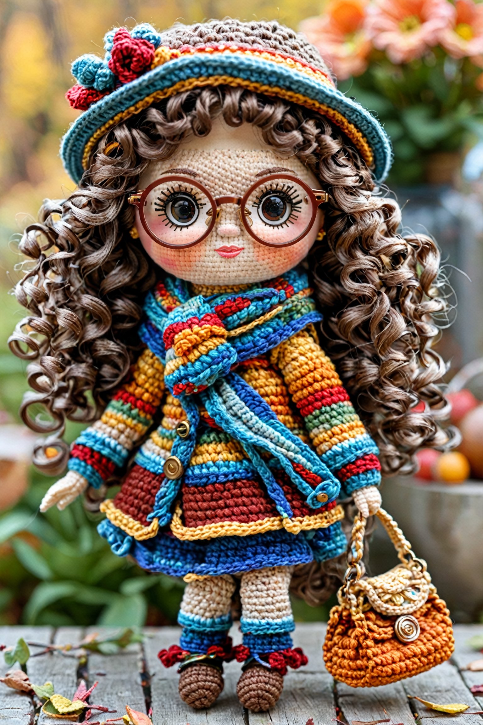 A meticulously crafted doll with large round glasses, curly brown hair, and rosy cheeks. The doll is dressed in a multi-colored crocheted outfit, consisting of a hat, scarf, and a sweater. She holds a small crocheted purse in her hand. The background is blurred, but it seems to be an outdoor setting with autumnal colors, suggesting a fall season.