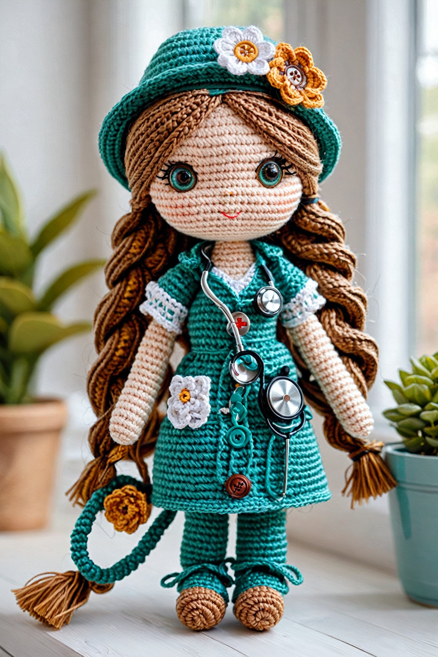A meticulously crafted crochet doll. The doll has large, expressive eyes, a hat adorned with a flower, and long braided hair. She is dressed in a teal-colored outfit with buttons and a stethoscope around her neck, suggesting she might be a nurse or medical professional. The doll stands on a white surface, and in the background, there's a blurred view of a window and some indoor plants.