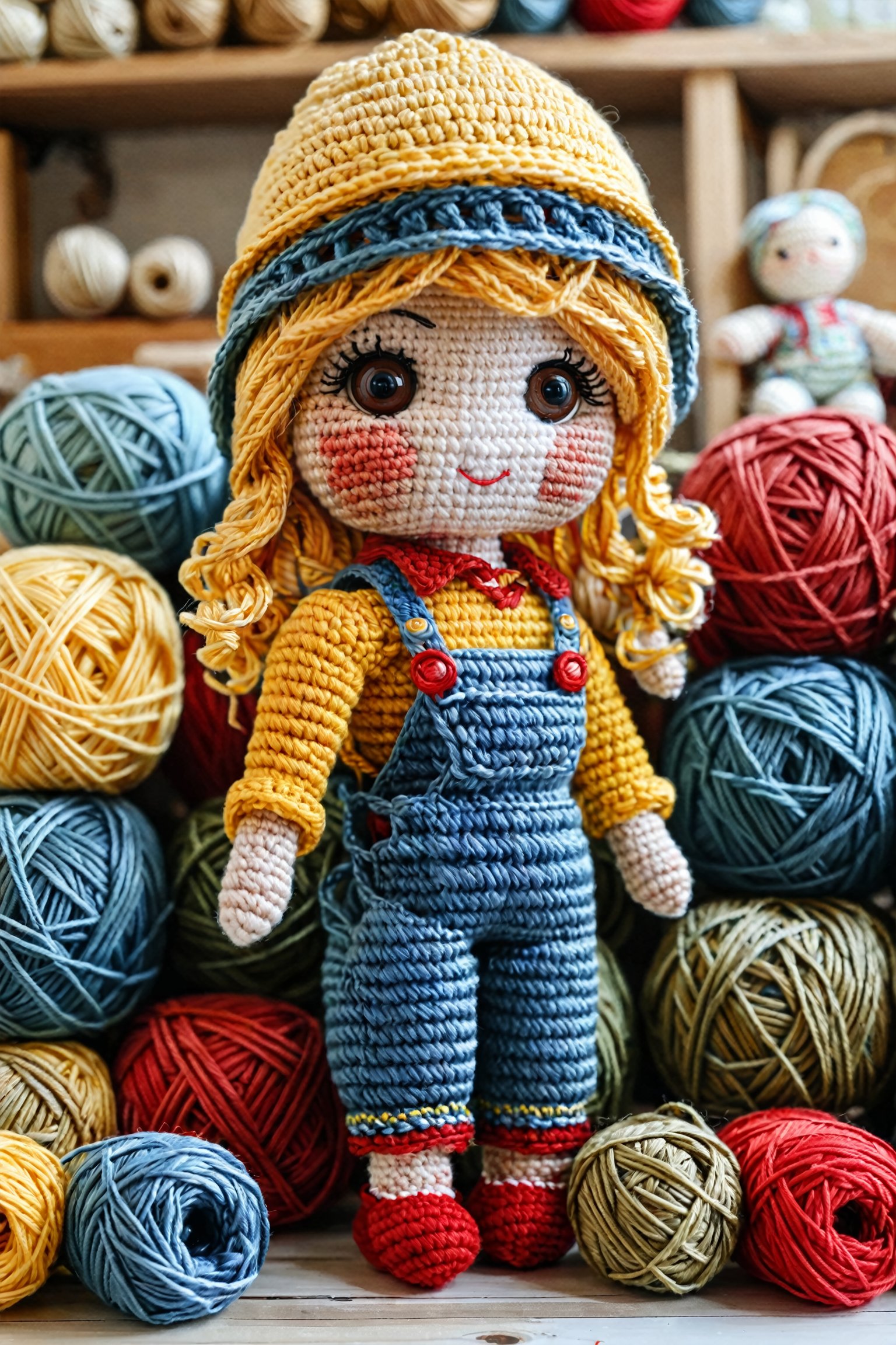 A handcrafted crochet doll, adorned in a yellow hat, red shirt, and blue overalls. The doll is positioned in the foreground, surrounded by various colored yarns in the background. The yarns are neatly arranged, with some in balls and others in skeins. The overall setting suggests a crafting or hobbyist environment.
